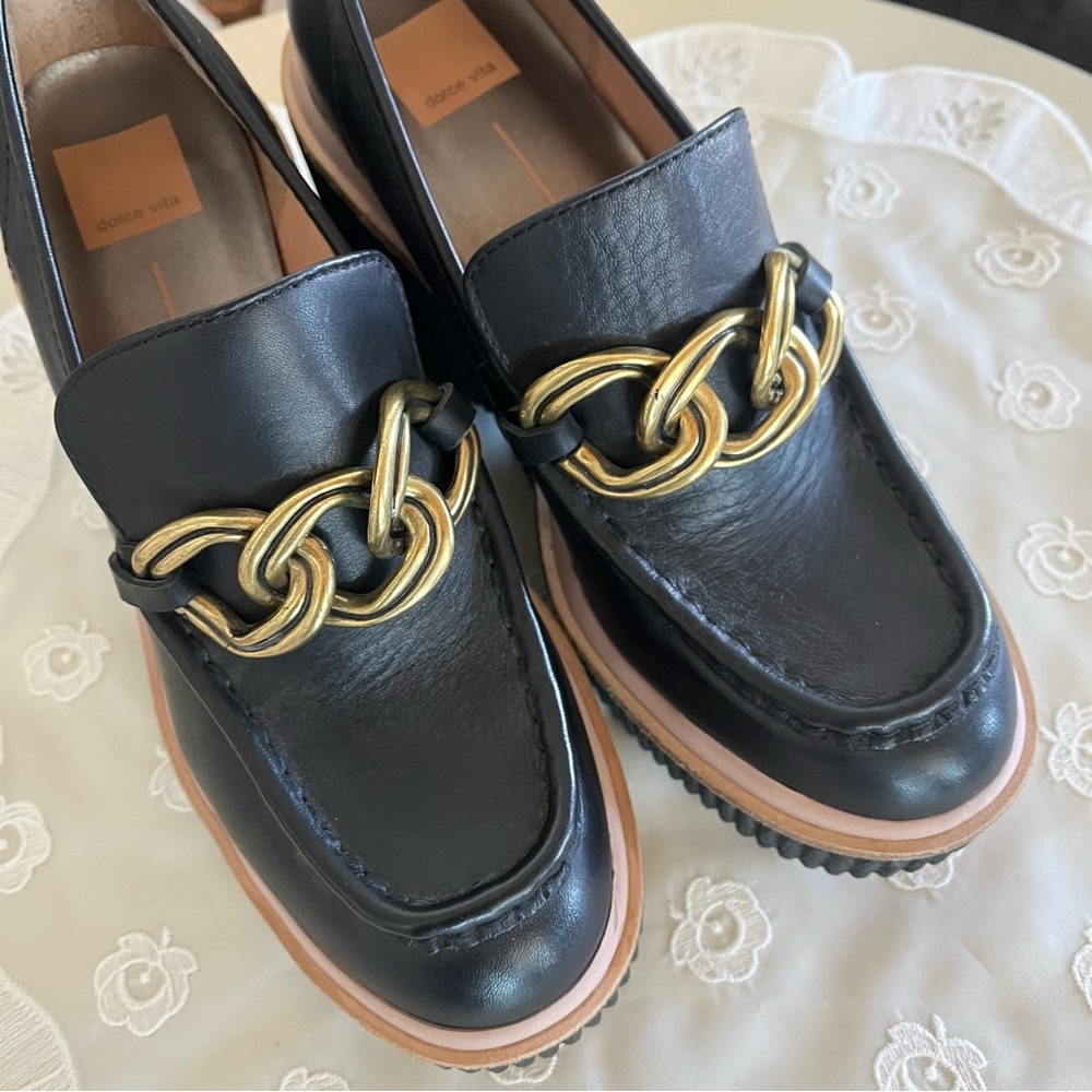 Dolce Vita Brennan Black Loafer Wedges with Gold Chain Detail - Picture 9 of 9